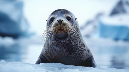 Obraz premium Sea lion resting on an ice floe in the Arctic, with a glacial background and calm water reflections, highlighting wildlife in its natural habitat.