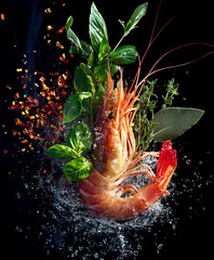 A shrimp surrounded by fresh herbs and spices, dynamically splashing in water. This vibrant image captures the essence of fresh seafood and culinary art, perfect for food and cooking themes.