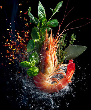 Naklejki A shrimp surrounded by fresh herbs and spices, dynamically splashing in water. This vibrant image captures the essence of fresh seafood and culinary art, perfect for food and cooking themes.