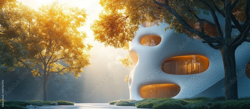 Poster a modern architectural structure surrounded by trees, illuminated by soft sunlight.