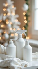 White jars with cleaning products layout, Christmas Tree In Clean Light Modern Apartment For Christmas, mock up, vertical