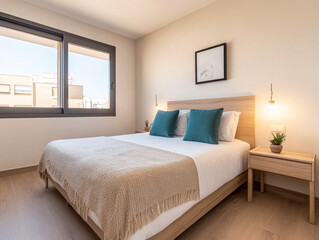 Cozy modern bedroom with natural light and elegant decor in a contemporary apartment