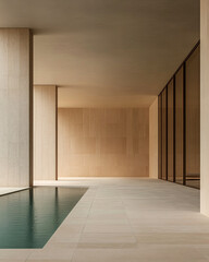Obraz premium Modern architectural interior featuring a sleek swimming pool at dusk in a minimalist setting