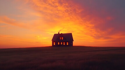 Solitary farmhouse on a vast golden prairie under a dramatic sunset sky with vibrant orange and pink hues, featuring rolling fields and an expansive horizon.