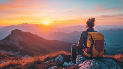 Obraz premium Hiker watching the sunset from a mountain peak