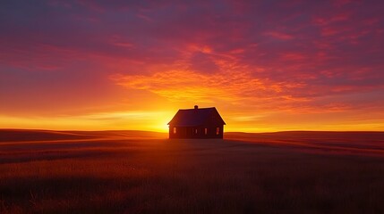 Solitary farmhouse on a vast golden prairie under a dramatic sunset sky with vibrant orange and pink hues, featuring rolling fields and an expansive horizon.