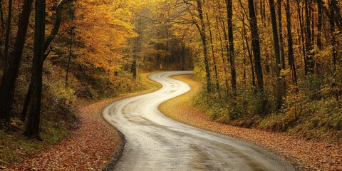 Serene winding road through a golden autumn forest with vibrant foliage