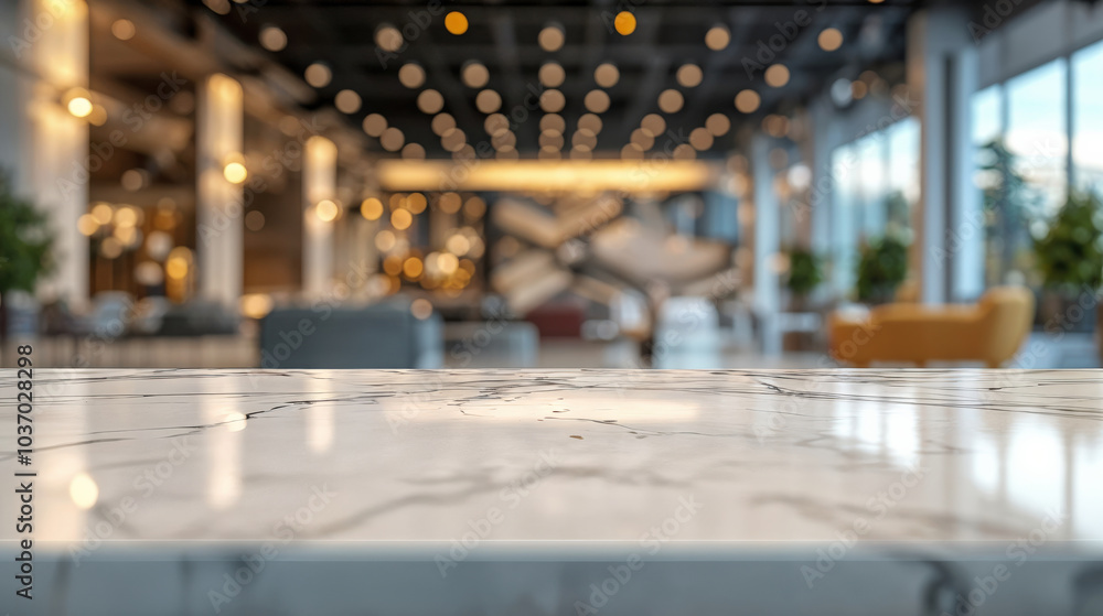 Poster empty marble table top showing blurred hotel lobby background