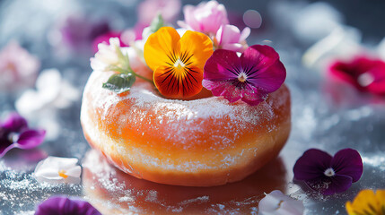 Doughnut with edible flowers as toppings, captured in natural light for a fresh, elegant look