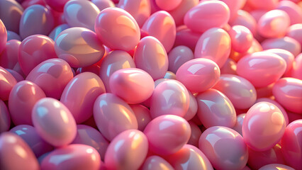 Colorful pile of shiny pink candy eggs for festive celebrations and sweet treats
