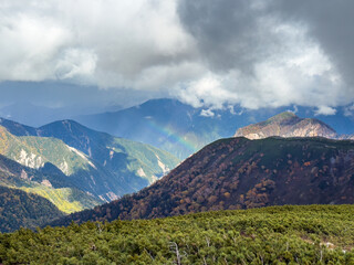 北アルプス硫黄岳周辺にかかる虹と山の風景