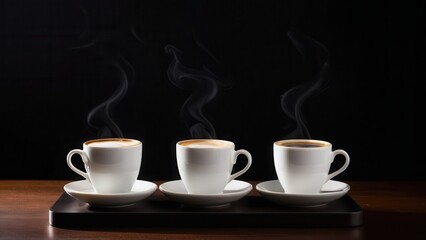 Four steaming cups of coffee sit on saucers, set against a dark background. The warm aroma rises, inviting a cozy moment of relaxation and enjoyment.