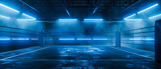 Empty boxing ring, box arena, octagon. Neon vibrant lighting, spotlights  with fog, mist, steam effect. Mock up of professional sport event. Generative ai	