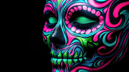 Fototapeta premium A vibrant, intricately painted skull with colorful patterns against a dark background, symbolizing cultural themes of life and death.