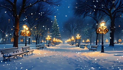 Fototapeta premium A serene winter wonderland embracing the magic of snow-covered streets twinkling lights and festive cheer in a picturesque evening scene