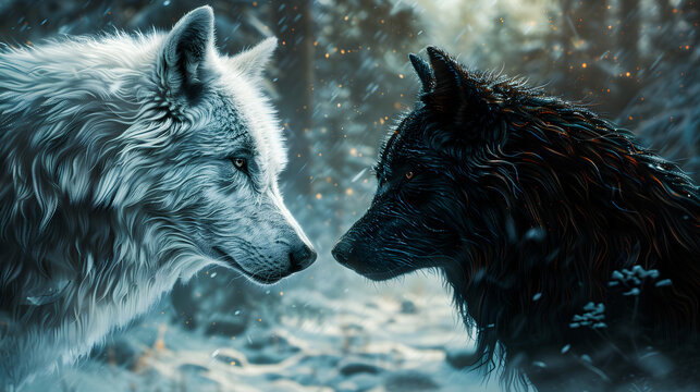 white versus black wolves - duel of good and evil concept art - a white wolf versus a black wolf - fantasy illustration - profile view of both wolves looking at each other in a face off duel