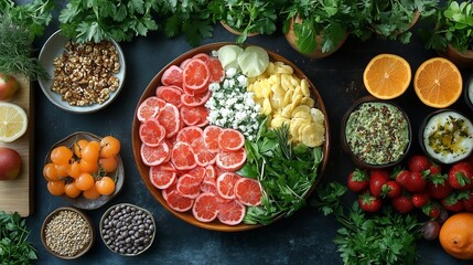 Balanced brunch setup featuring healthful foods with an emphasis on calorie control no people