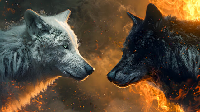 white versus black wolves - duel of good and evil concept art - a white wolf versus a black wolf - fantasy illustration - profile view of both wolves looking at each other in a face off duel