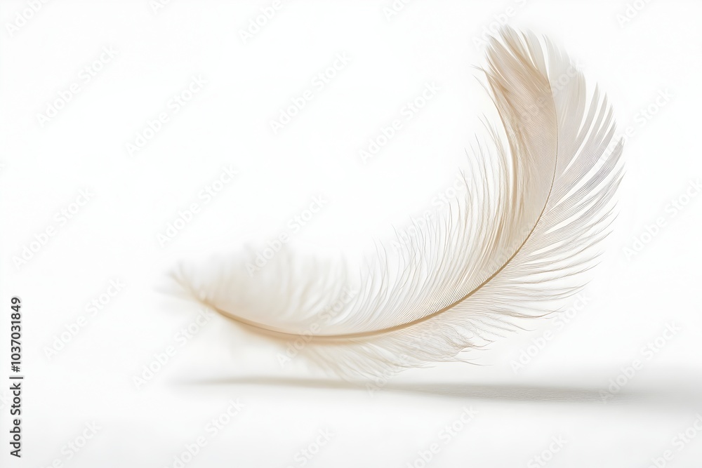 Poster delicate feather floating in mid air isolated on white background with intricate details and symboli