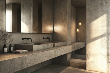 Luxurious Bathroom Interior with Double Circular Sink and Modern Concrete Wall Design