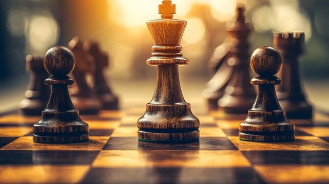 Wooden chess pieces on a board focused on the king, featuring warm tones, polished textures, and a shallow depth of field with soft lighting.