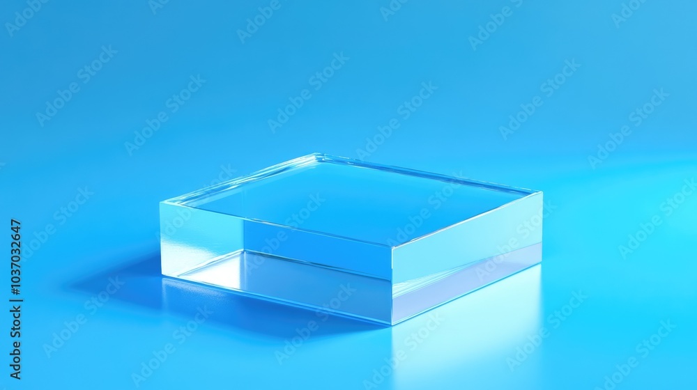 Poster modern acrylic block display in blue, tech innovation aesthetic with copy space. 3d render
