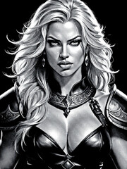 Fototapeta premium fantasy woman with blonde hair, engraving effect illustration, barbarian warrior