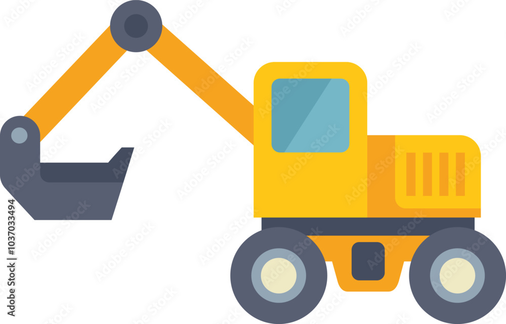 Poster yellow excavator digging with its extended arm and empty bucket