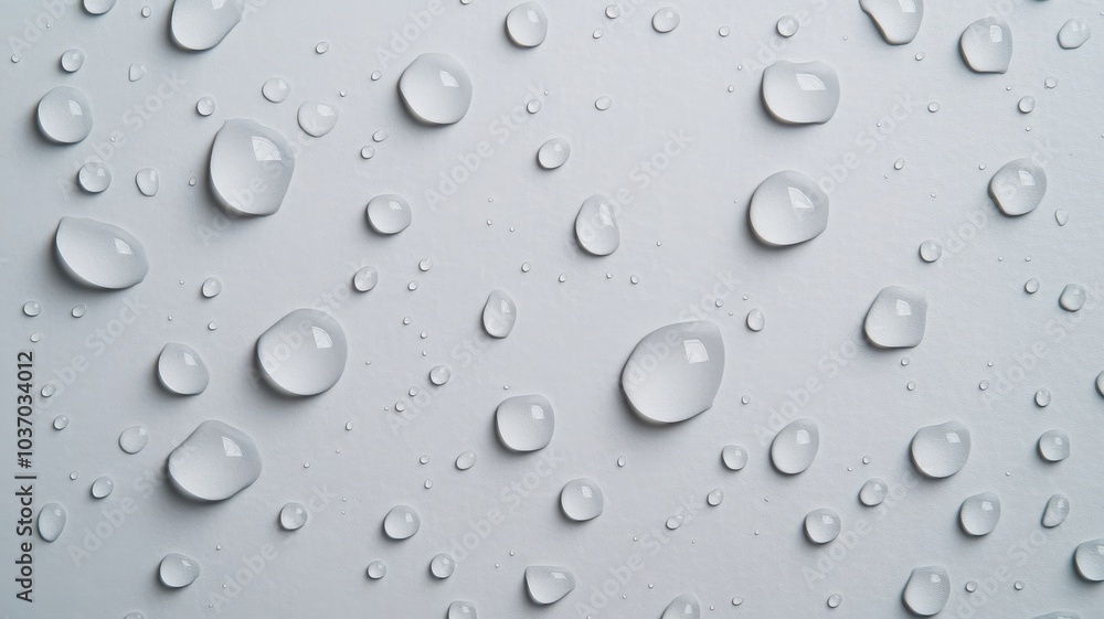 Poster close-up of glistening water droplets on a smooth surface, creating a refreshing and serene atmosphe