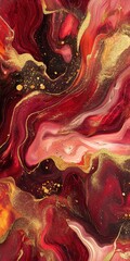 Abstract Crimson and Gold Liquid Swirls on Contemporary Design Wallpaper