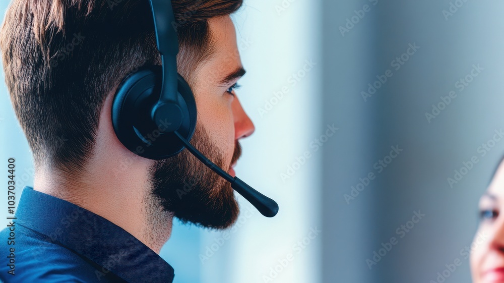 Wall mural professional customer service representative wearing a headset, engaged in a conversation with a cli