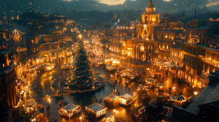 Fototapeta premium Small town center decorated and illuminated for Christmas and New Year