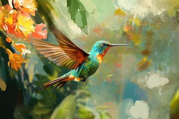 Fototapeta premium Ruby Throated Hummingbird Perched on Flowering Tree Branch