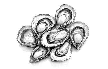 Seafood, oyster. Vintage retro print, black white seafood oyster sketch ink pencil style drawing, linear drawing, engrave old school. Sketch artwork oyster, seafood. Illustration