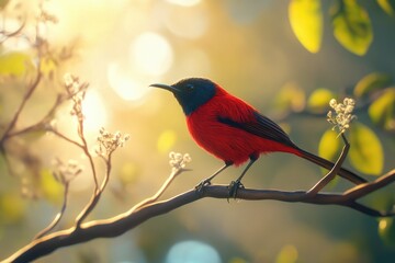 Vibrant Crimson Bird Perched on Branch in Lush Natural Setting