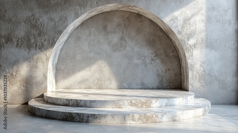 Aufkleber a minimalist stage with circular steps and an arch in a textured concrete setting.