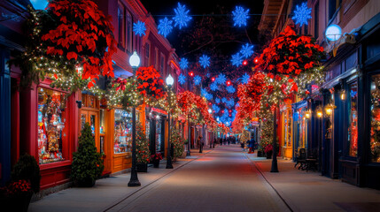 City street decorated with garlands for Christmas eve