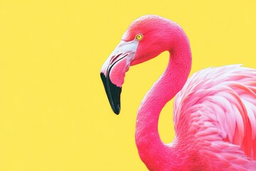 Graceful Pink Flamingo Observing Its Habitat in Yellow Background