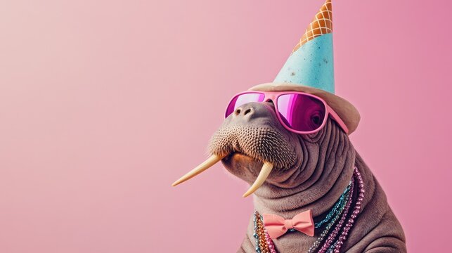 Surreal Walrus in Festive Attire on Pastel Background. Unique Animal Portrait for Birthday Invite