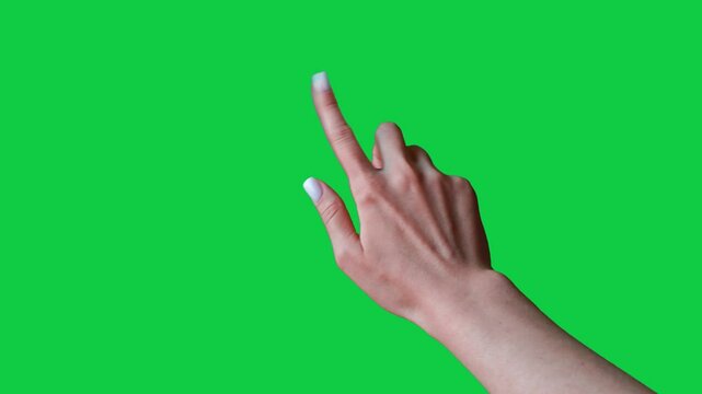 Swipe up gesture. Female hand scrolls left swiping on chroma key green screen background. Using a smartphone, tablet pc or a touchscreen. Interface concept. Swiping left and right and tap with finger