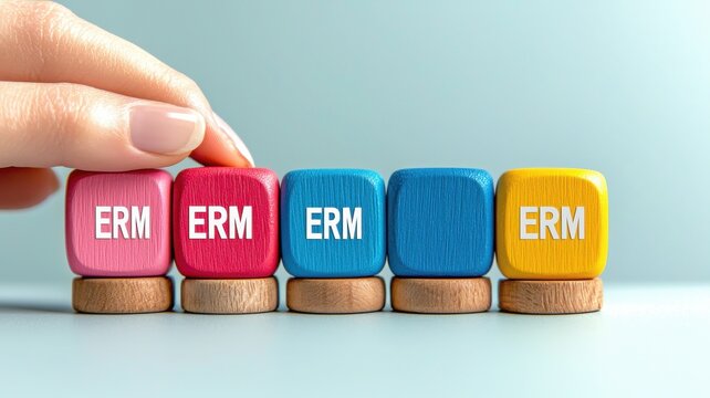 A hand adjusts colorful blocks with the letters "ERM" on a light background, representing a concept of organization or categorization.