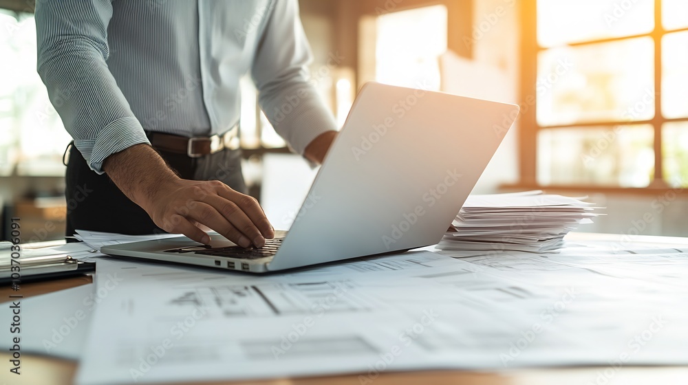 Aufkleber businessperson reviewing a construction contract with blueprints and financial charts on the table s