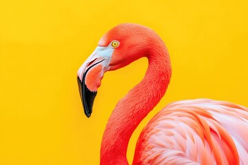 Fototapeta premium Serious Flamingo in Quiet Stare. Exotic Bird with Pink Plumage on Yellow Background