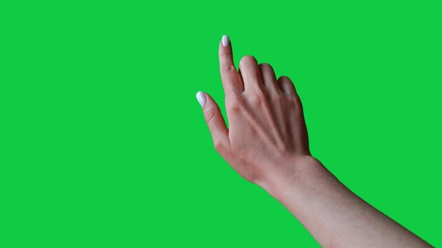 Touching gesture. Female hand touching, tapping on chroma key green screen background. Using a smartphone, tablet pc or a touchscreen. Interface concept. Double click and tap with finger