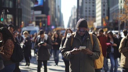 Urban Pulse: A Captivating Snapshot of New Yorkers Navigating the City, Engaged with Technology Amidst a Bustling Street Scene