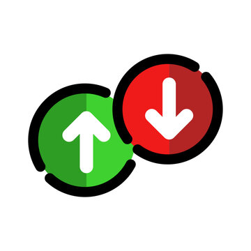 Up and down arrow icon. Upward and downward. Business, inflation, recession, growth, crisis concepts. Colored outline vector design isolated illustration.