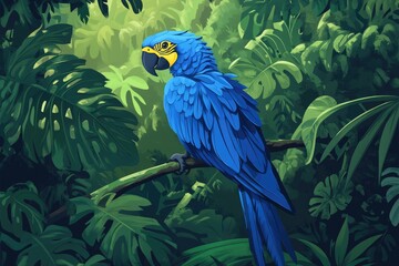 Obraz premium Vivid Avian: Blue Parrot perched amidst Lush Tropical Rainforest