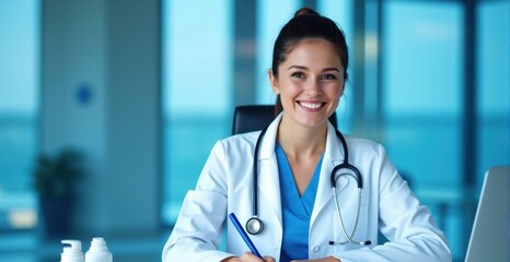 Female doctor writing notes in a clinical environment, ready to assist.