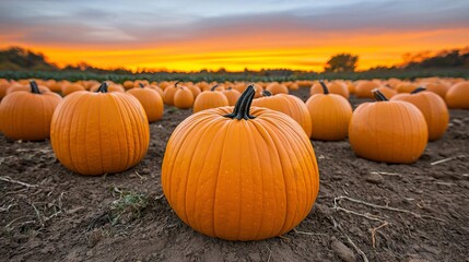 Vibrant pumpkin patch at sunset, with deep orange hues reflecting off the pumpkins and the sky bursting with warm autumn colors, pumpkin patch, vivid autumn sunset