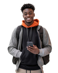 Portrait of a African American male student, holding a phone in his hand. Smiling and looking at the camera. Cut out, isolated on transparent background